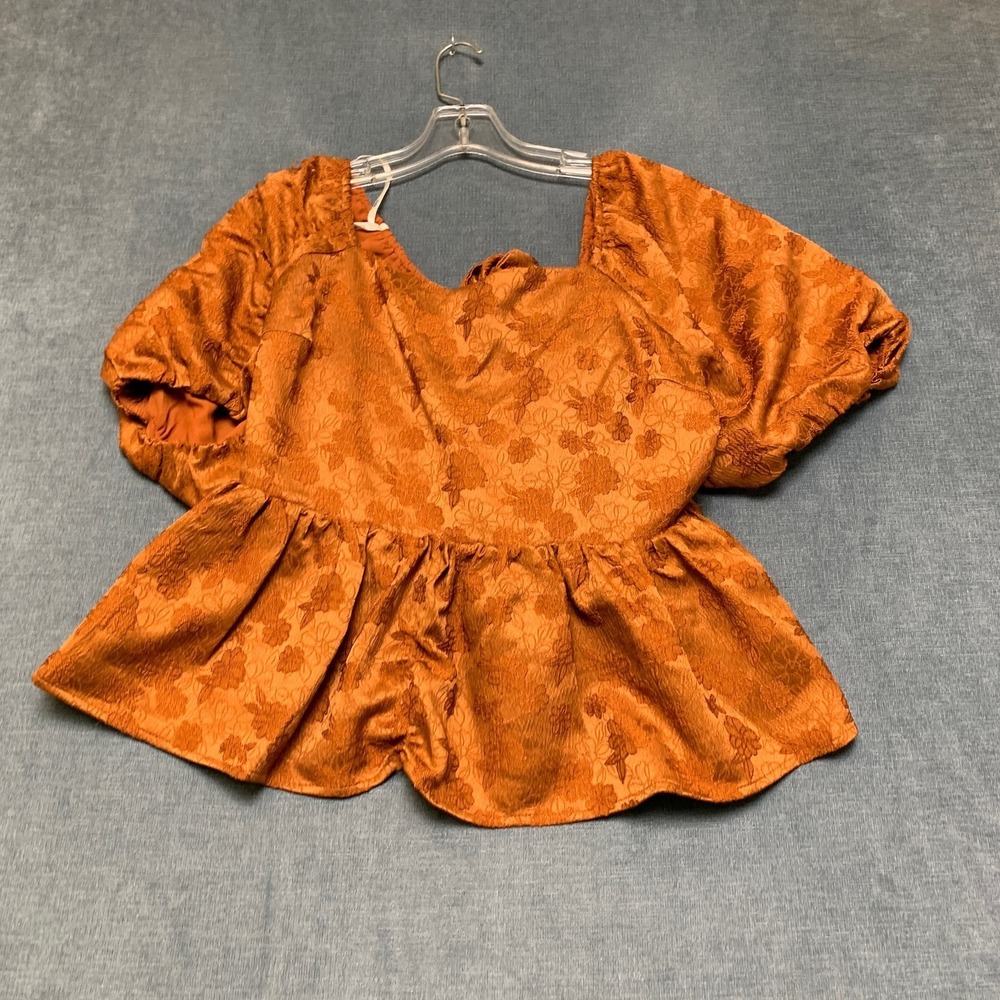 Arula Peplum Top Womens Burnt Orange Jacquard Floral Puff Sleeve Bow Tie Back